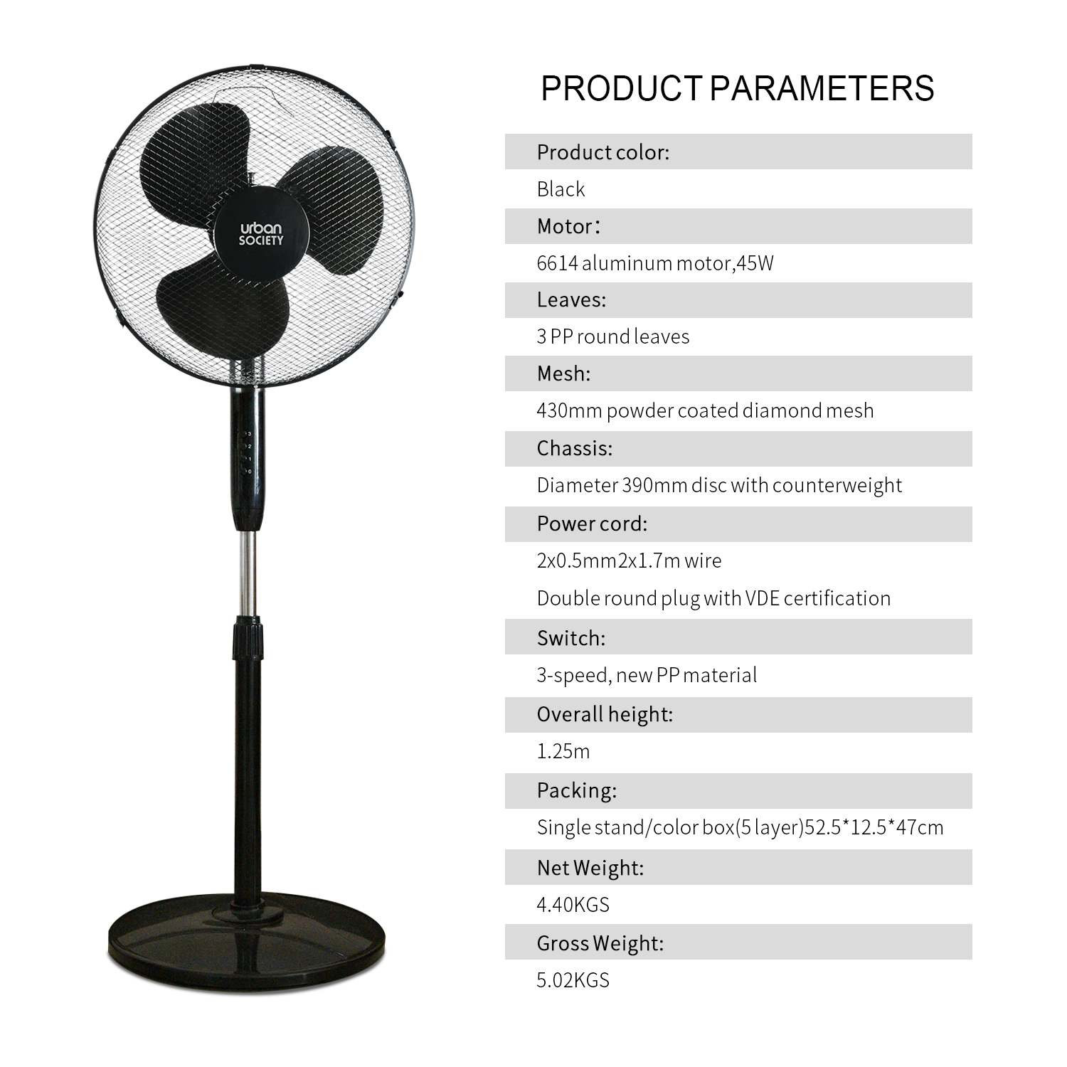 URBAN VENTILADOR DE PIE 45W NEGRO BASE CIRCULAR 555011